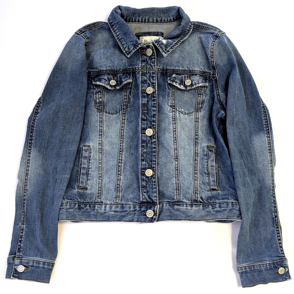 Mudd Womens Medium Wash Distressed Denim Trucker Jacket Size M Blue